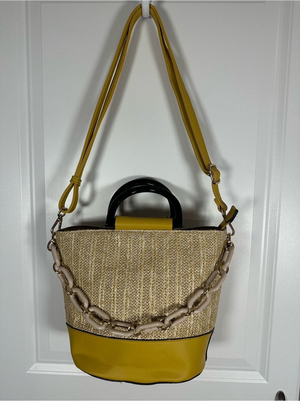 Straw Bucket Satchel & Shoulder Bag Yellow with 3 Handles For Variety